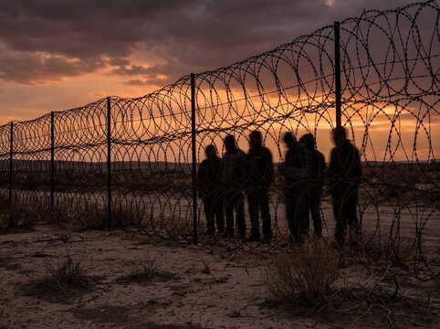 Blurry silhouettes of displaced people looking through tall razor wire fence