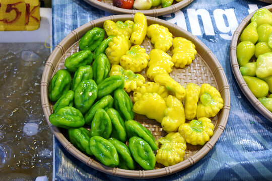 Traditional Vietnamese Mung Bean Paste Fruits Banh Trai Cay Dau Xanh Arranged On Woven Market Tray