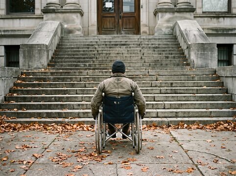 Person in wheelchair facing steep concrete stairs without a ramp