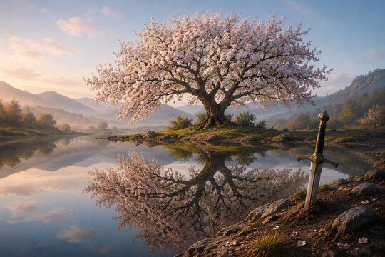Still lake surface reflecting a blooming apple tree, a sword hilt in soil.