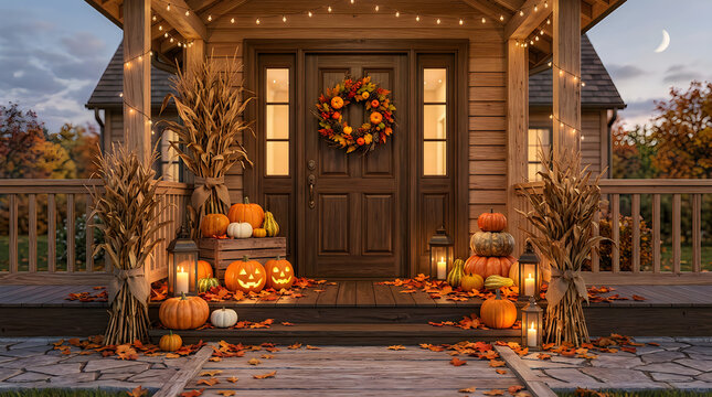 Cozy autumn-decorated house porch showcases an inviting entryway adorned with pumpkins, corn stalks, and a festive wreath, illuminated by string lights and lanterns at dusk.