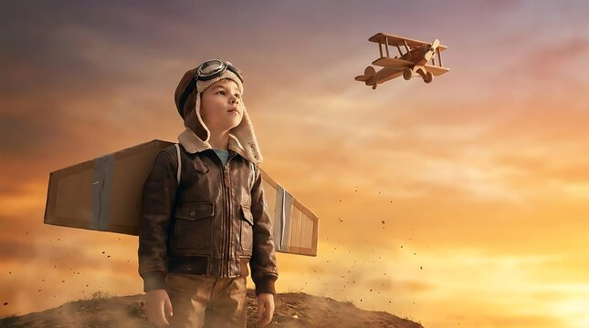 Boy in pilot costume watching toy biplane in sunset sky
