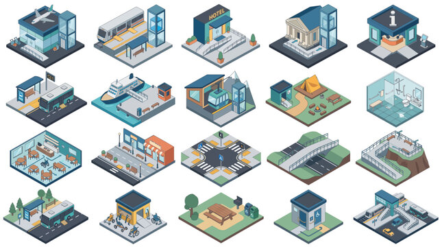Accessible Travel Infrastructure Icon Set, Flat Isometric 2.5D Vector Symbols for Barrier-Free Tourism and Transportation