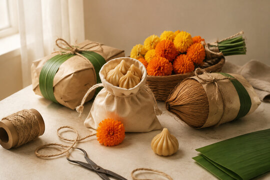 Gift wrapping station with modak sweets in cotton pouch, marigold flowers tied with twine, coconut in brown paper, banana leaf ribbon