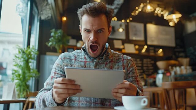 Shocked man reacting to news on a tablet in a cafe