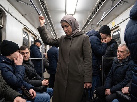 Woman in Hijab standing on train while passengers cast suspicious unfriendly glances