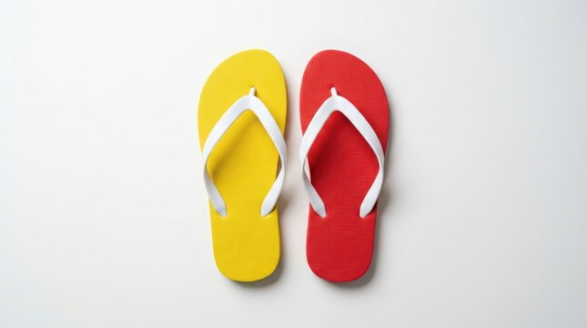 Pair of bright yellow and red summer flip flop sandals