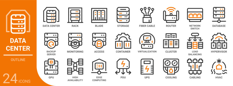 data center outline icon collection for web, app, UI, UX, dashboard, presentation and infographic and print design