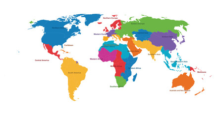 Fototapeta premium Vibrant Multicolor World Map Showing Countries and Continents, Detailed Global Geography, International Borders and Colorful Cartographic Design 