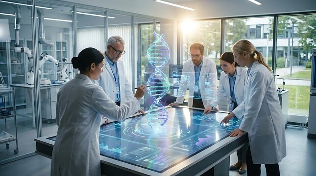 Researchers interacting with digital DNA hologram in laboratory