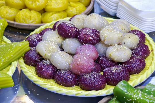 Vibrant Vietnamese Multicolored Tapioca Dumplings Banh Bot Bang Ngu Sac with Sweet Mung Bean Filling