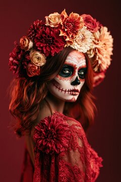 Dia de los Muertos Portrait with Floral Headdress and Skull Makeup
