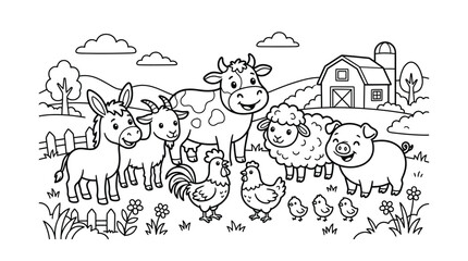 Obraz premium Farm Animals Coloring Page For Kids Vector Illustration