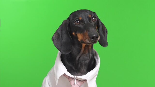 A black and tan dachshund dog wearing a white shirt and tie looks around against a green screen background, a playful business concept ready for compositing.