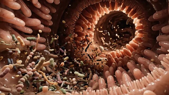 Intestinal villus, tiny microorganism flowing through digestive lumen, microscopic medical view illustrating complex human microbiome environment, biological scientific process.