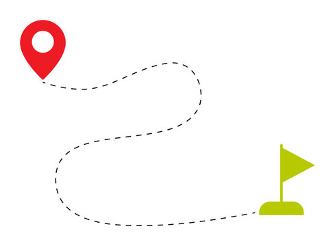 Red location pin and destination flag connected by a winding route for navigation in a minimal flat vector style