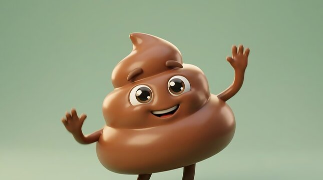 Smiling brown poop character waving hands