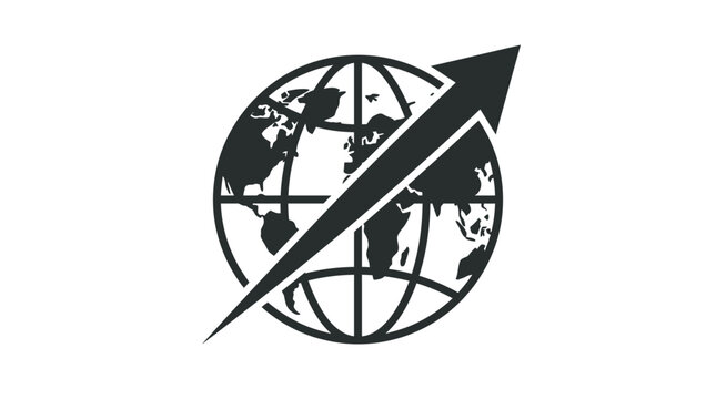 Abstract globe icon with upward trending arrow symbol.