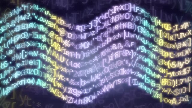 Abstract digital data stream with flowing waves of glowing computer code and binary symbols