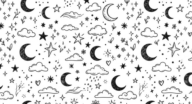 Hand‑drawn moon and star seamless pattern in black and white