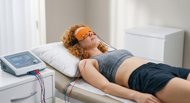 Woman lying on a clinic bed receiving facial electrotherapy treatment with a specialized orange eye mask connected to a stimulation machine.