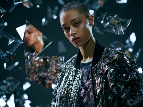 Futuristic Fashion Model Surrounded by Floating Shattered Mirror Shards