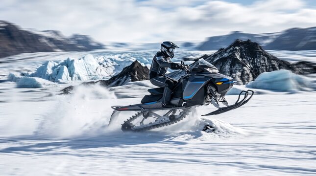 Person Riding Snowmobile at High Speed Across Glacier