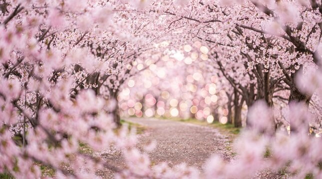 Path Through Tunnel of Blooming Cherry Blossom Trees