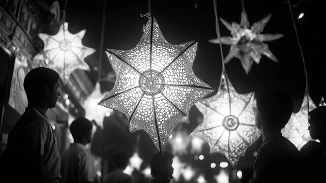 Silhouette of People Moving Among Glowing Star-Shaped Lanterns in Monochrome