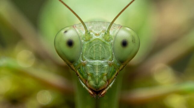 Extreme Macro Portrait of Green Praying Mantis Head