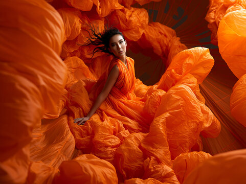 Fashion Model in Flowing Avant-Garde Orange Gown
