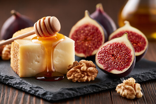 A slate cutting board featuring pecorino or feta cheese, fresh figs cut open, a handful of walnuts, and a  honey dipper.