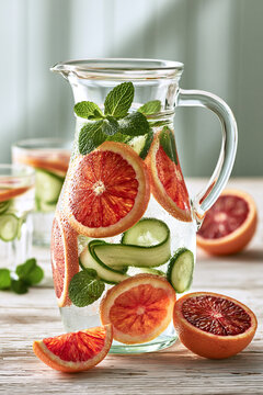 A large glass dispenser or pitcher filled with ice-cold water infused with slices of fresh blood orange, cucumber ribbons, and fresh mint leaves.