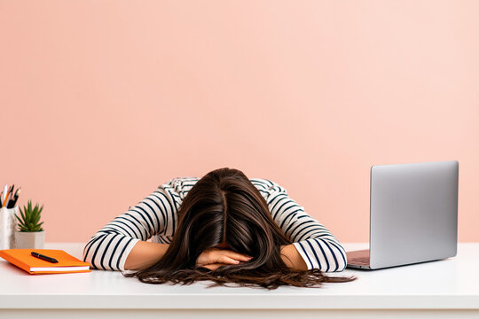 A tired woman resting her head on her desk, face hidden beneath her long brown hair, near a laptop and a notebook.
