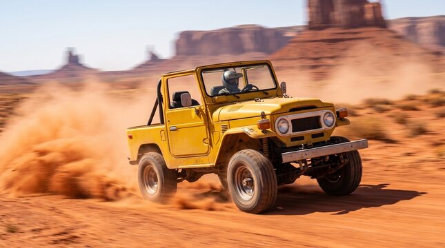 Yellow Vintage 4x4 Vehicle Speeding Through Desert Landscape