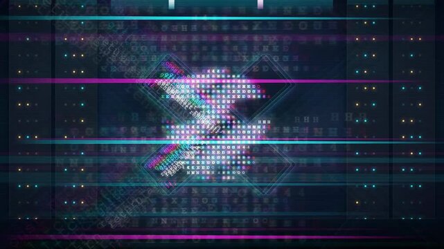Abstract digital data stream with glowing pixelated particles and futuristic binary code background