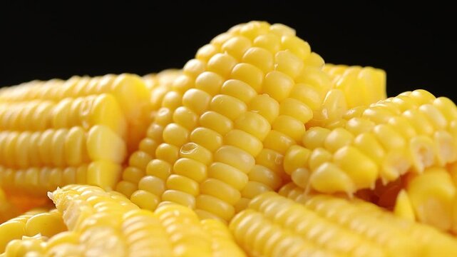 Close-up shot of boiled sweet corn kernels sliced off the cob slowly rotating on black background