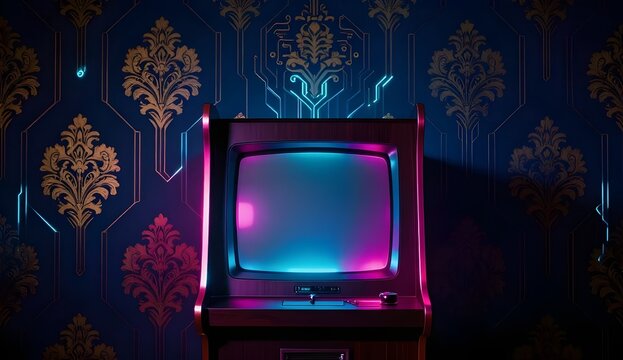 Retro arcade cabinet glowing with neon lights against damask wallpaper