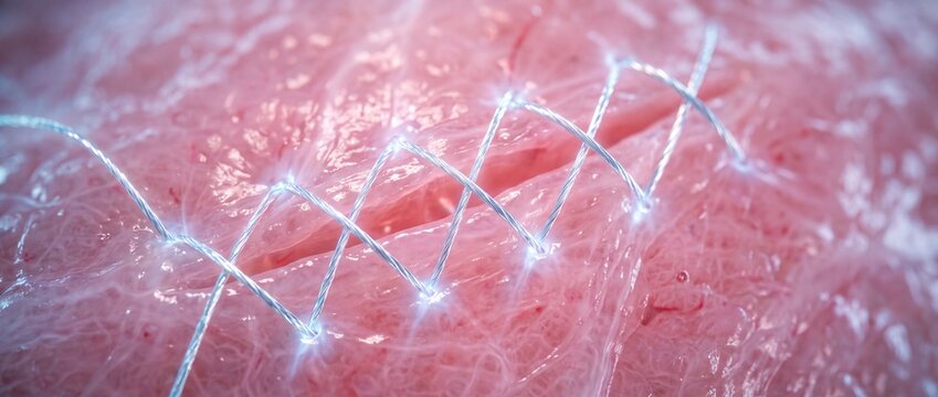Smart medical suture threads stitched across open skin wound glowing with neon light representing bioelectronic healing technology