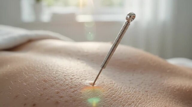 Acupuncture needle inserted into human skin during medical therapy session, offering holistic back pain relief, traditional healing treatment, wellness rehabilitation procedure inside clinic room.