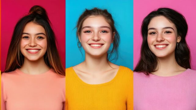 Three Happy Young Women Smiling in Front of Vibrant Colored Backgrounds