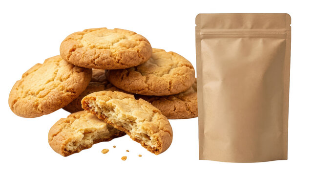 Pile of sweet homemade cookies next to brown paper pouch isolated on transparent background