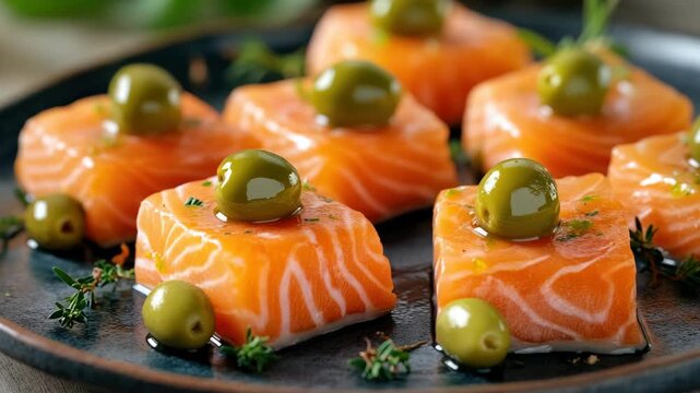 Close-up of Raw Salmon Slices Garnished with Green Olives and Thyme