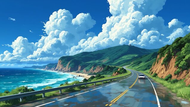 Anime Style Coastal Road Trip Landscape with Bright Blue Sky and Cumulus Clouds Overlooking the Pacific Ocean