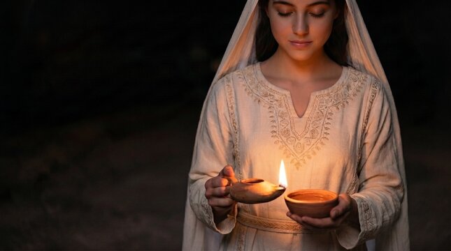 Biblical bridesmaid holding a lit clay oil lamp and a bowl of extra oil in the dark