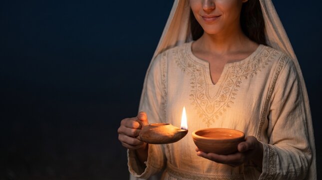 Biblical bridesmaid holding a burning ancient lamp with copy space