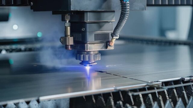 Close up of modern laser cutting machine processing metal sheet with sparks and smoke in industrial workshop