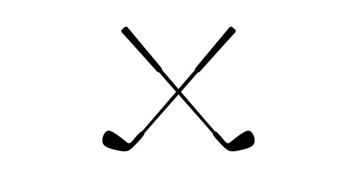 Two crossed black golf clubs on a gray checkered background for sport and leisure activities.