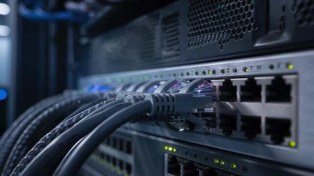 Close up of network cables connected to a server switch in a high tech data center with glowing LED indicators