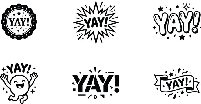 Collection of hand drawn yay speech bubbles and badges isolated on transparent background